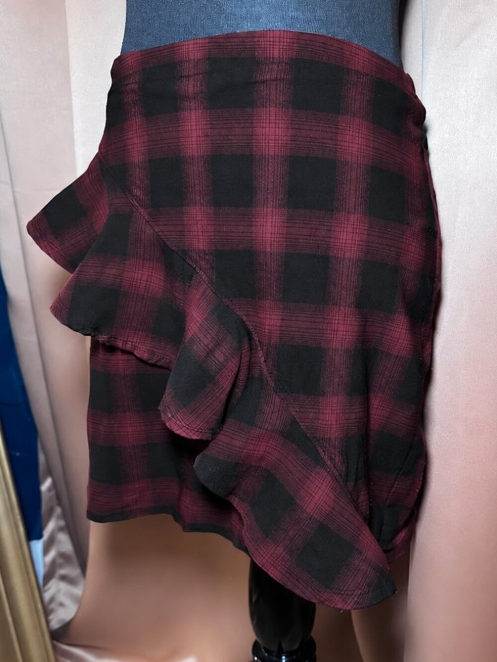 Y2K Goth Punk Asymmetrical Mini Skirt Burgundy Black Plaid Rave Alt Grunge sz S